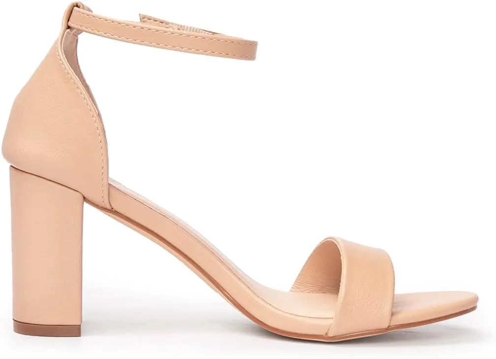 FUNKYMONKEY Women's Chunky High Heels Sandals,Two Strap Open Toe Ankle Strap Heeled Sandal,Party Wedding Strappy Buckle Sandals