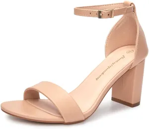 FUNKYMONKEY Women's Chunky High Heels Sandals,Two Strap Open Toe Ankle Strap Heeled Sandal,Party Wedding Strappy Buckle Sandals
