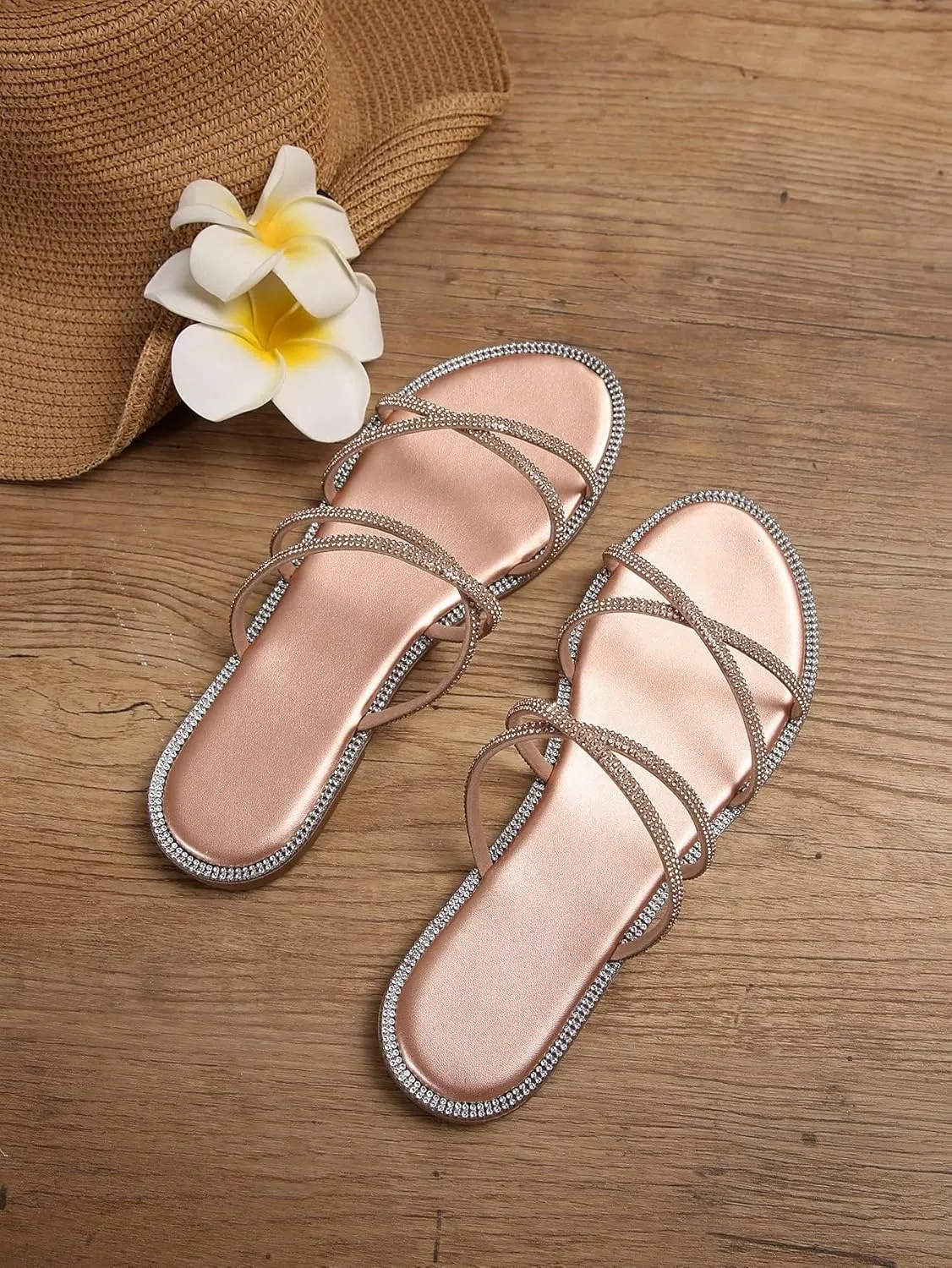 GORGLITTER Women's Rhinestone Flat Sandals Glitter Strappy Cross Strap Slip on Slide Sandal