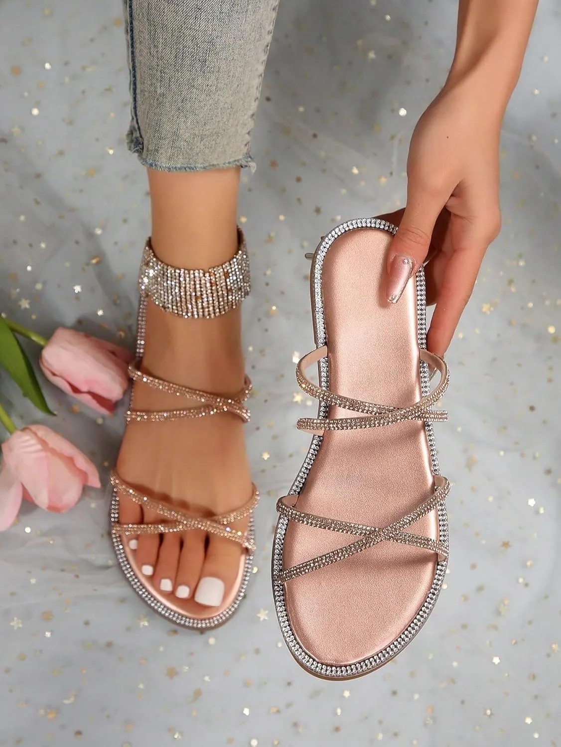GORGLITTER Women's Rhinestone Flat Sandals Glitter Strappy Cross Strap Slip on Slide Sandal
