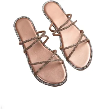 GORGLITTER Women's Rhinestone Flat Sandals Glitter Strappy Cross Strap Slip on Slide Sandal