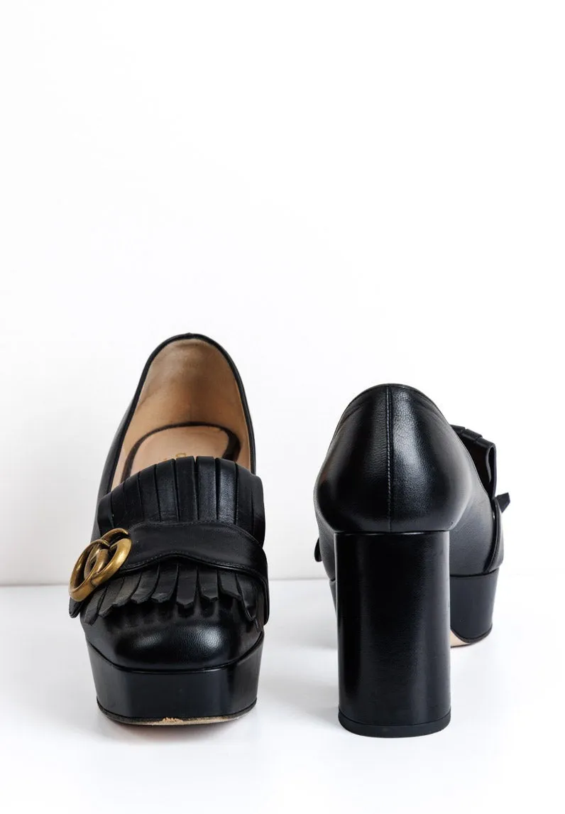 GUCCI Black Leather GG Marmont Fringe Platform Loafer Pumps