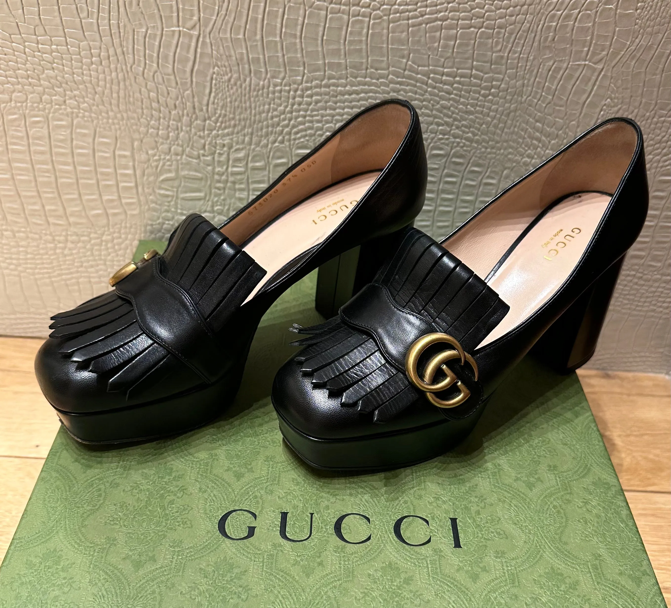 GUCCI Black Leather GG Marmont Fringe Platform Loafer Pumps
