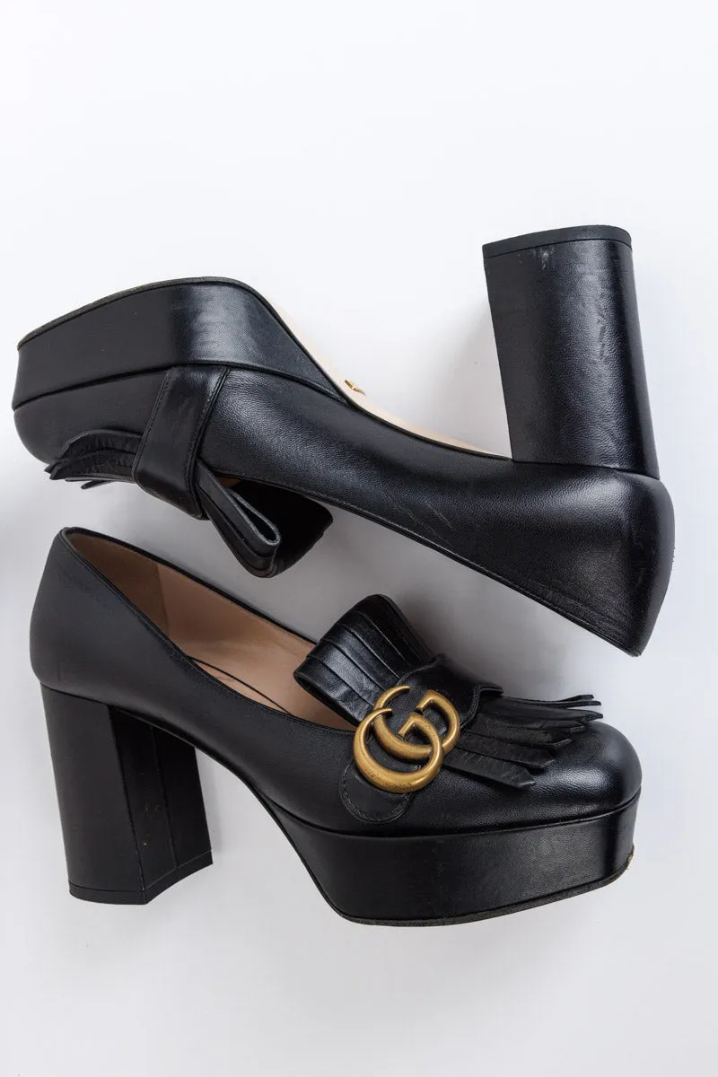 GUCCI Black Leather GG Marmont Fringe Platform Loafer Pumps