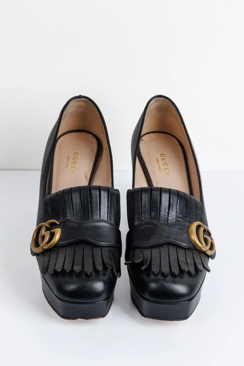 GUCCI Black Leather GG Marmont Fringe Platform Loafer Pumps