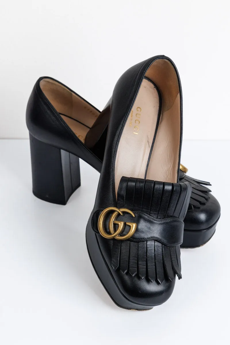 GUCCI Black Leather GG Marmont Fringe Platform Loafer Pumps