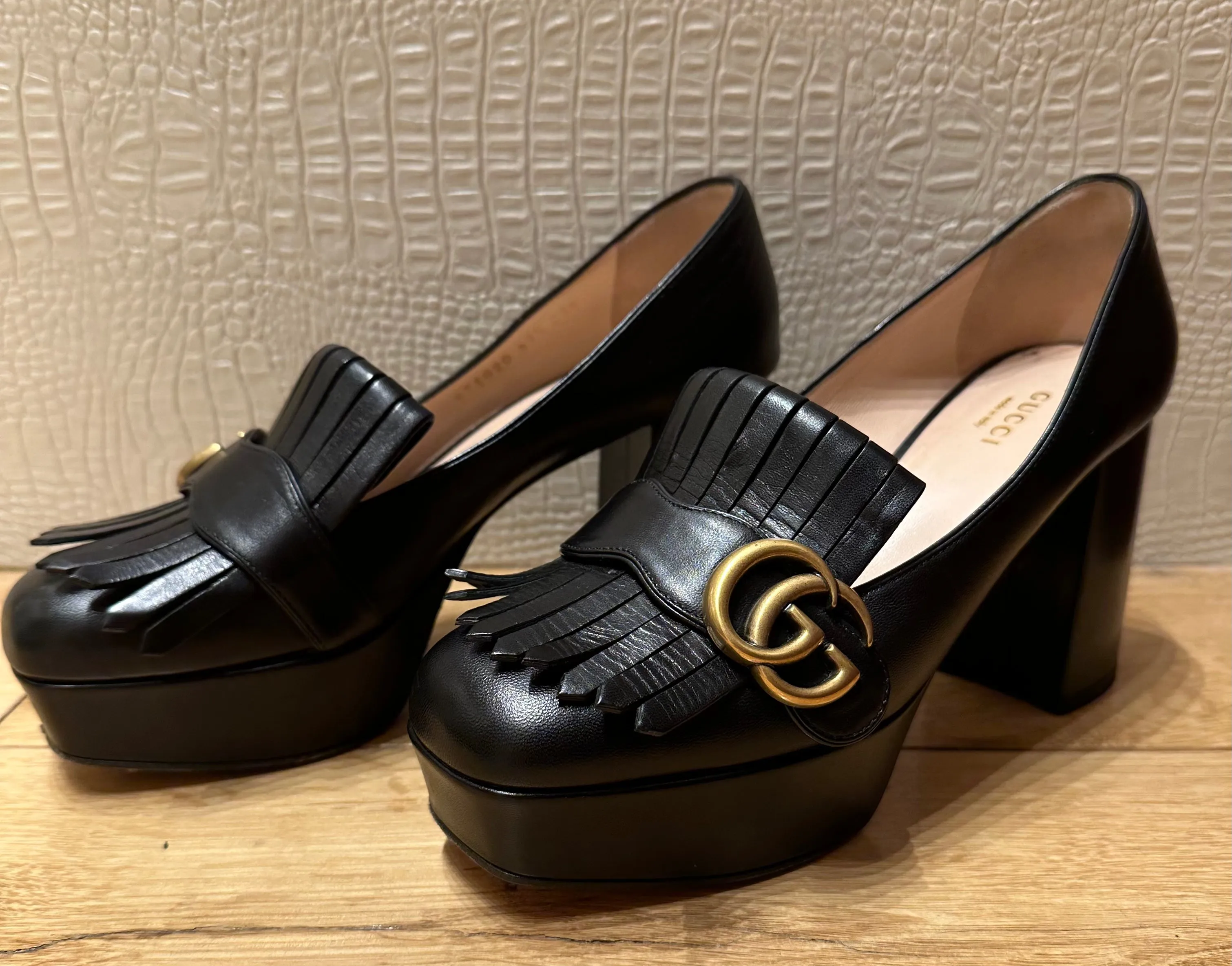 GUCCI Black Leather GG Marmont Fringe Platform Loafer Pumps