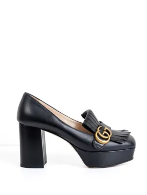 GUCCI Black Leather GG Marmont Fringe Platform Loafer Pumps