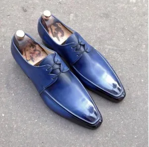 Handmade Blue Derby Lace Up Dress Shoes for Men
