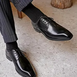 Handmade New Black Genuine Leather Lace Up Derby Office Shoes For Mens
