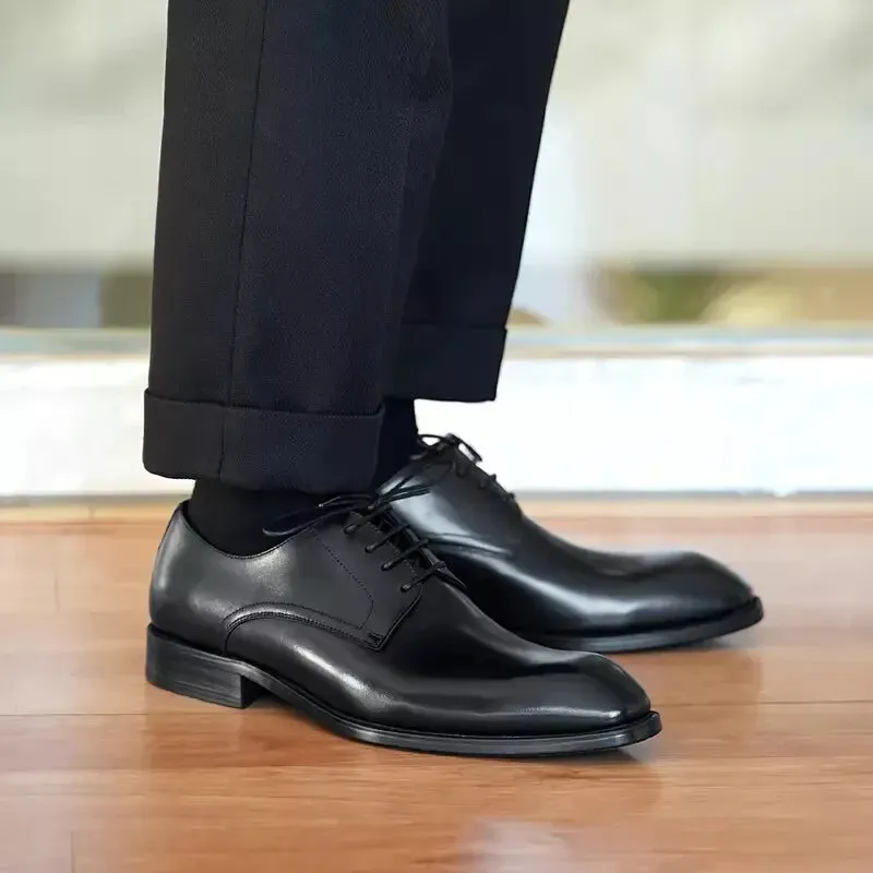 Handmade New Black Genuine Leather Lace Up Derby Office Shoes For Mens