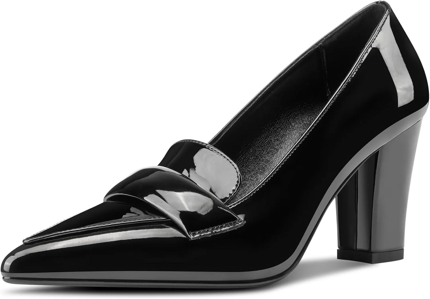 HDEUOLM Womens Block Heel Loafer Pumps Pointed Toe Pumps Slip-on Casual Dress Patent Leather 3.2 Inches Heels