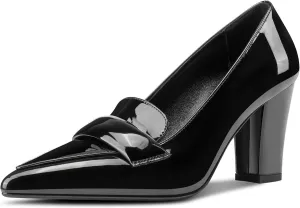 HDEUOLM Womens Block Heel Loafer Pumps Pointed Toe Pumps Slip-on Casual Dress Patent Leather 3.2 Inches Heels