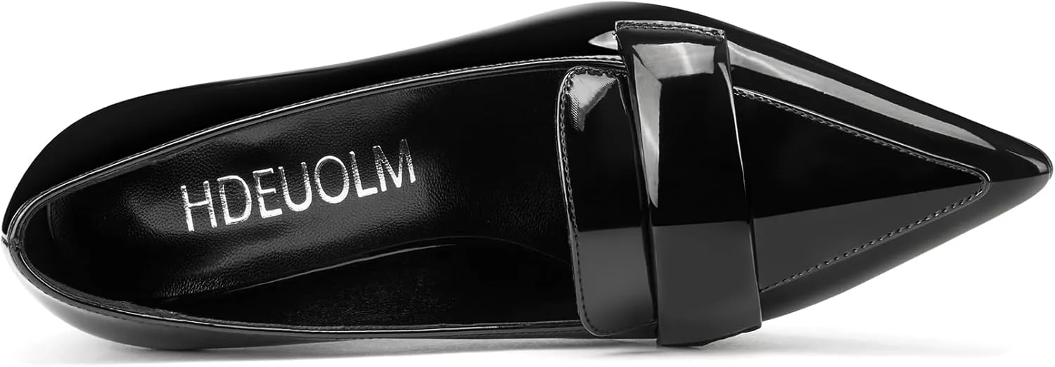 HDEUOLM Womens Block Heel Loafer Pumps Pointed Toe Pumps Slip-on Casual Dress Patent Leather 3.2 Inches Heels