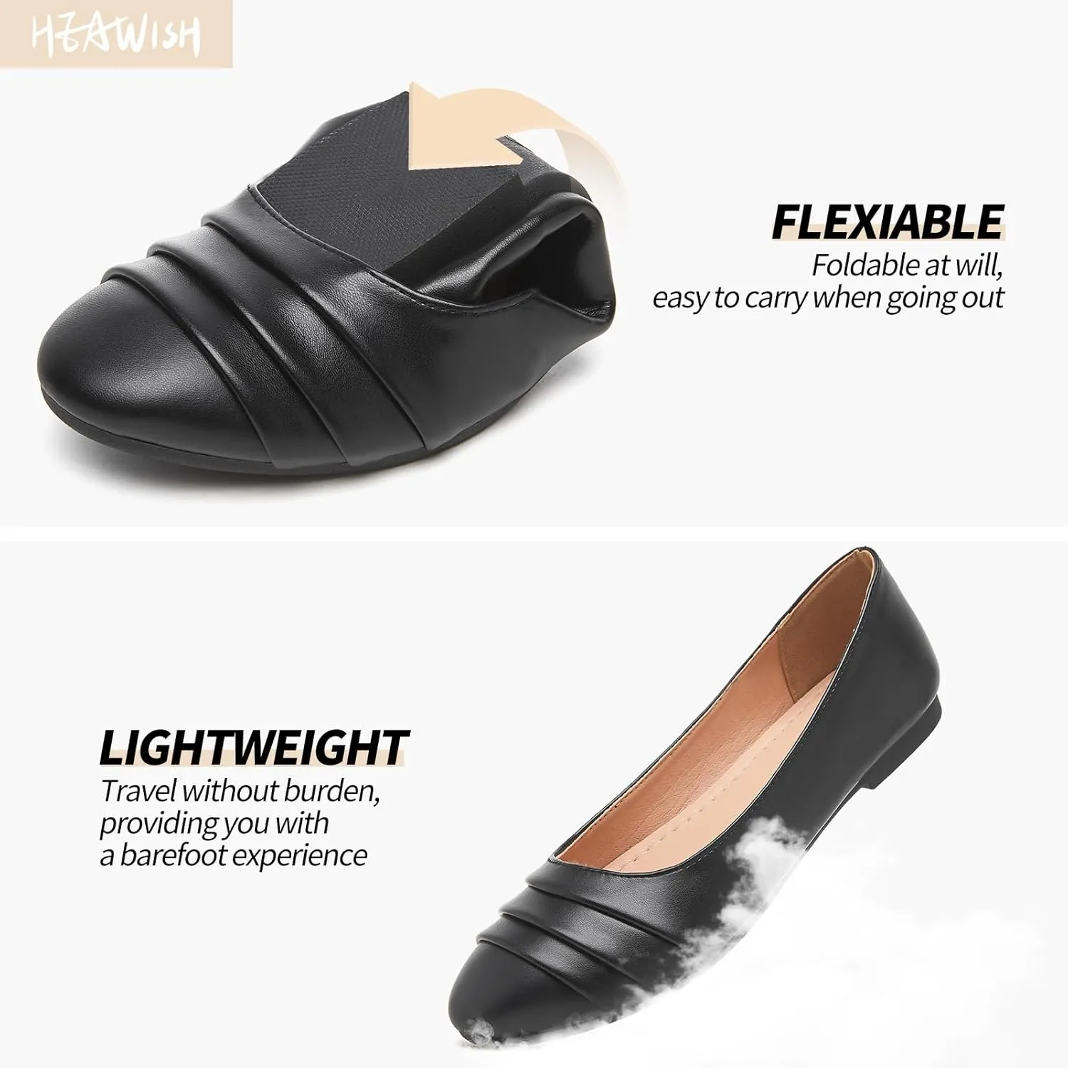 HEAWISH Women's Black Flats Shoes Round Toe Slip On Casual Ballet Flats PU Leather Dressy Work Shoes