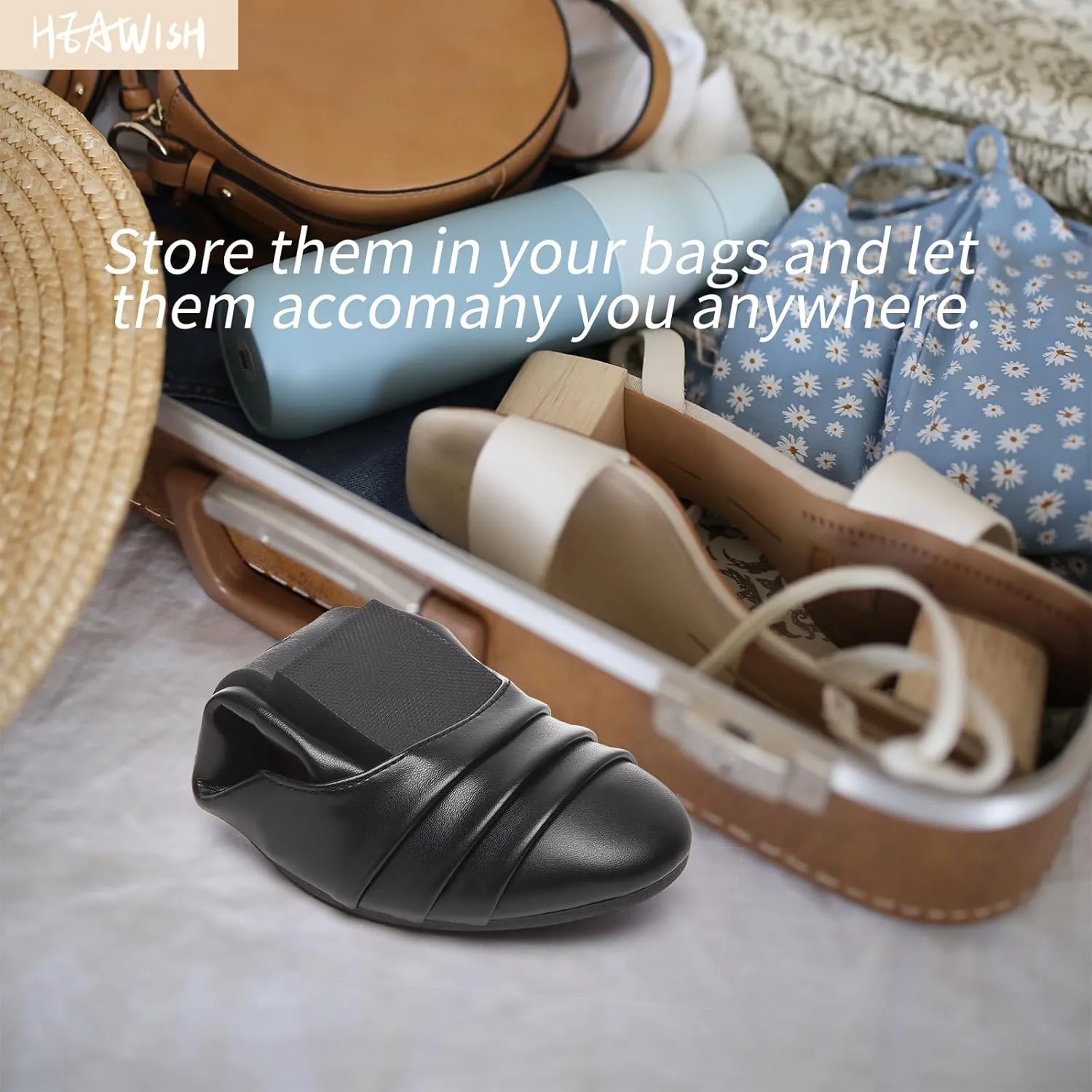 HEAWISH Women's Black Flats Shoes Round Toe Slip On Casual Ballet Flats PU Leather Dressy Work Shoes