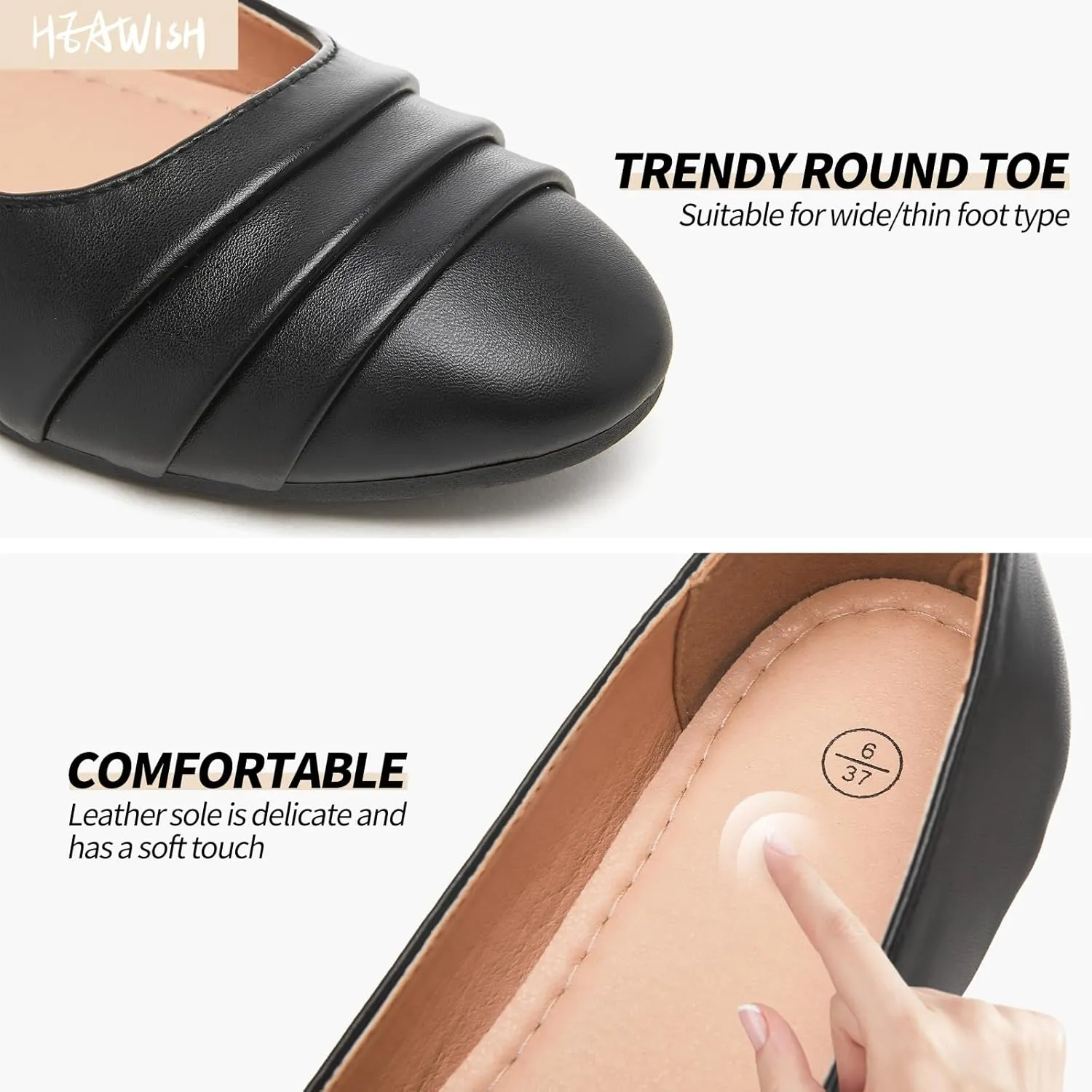 HEAWISH Women's Black Flats Shoes Round Toe Slip On Casual Ballet Flats PU Leather Dressy Work Shoes