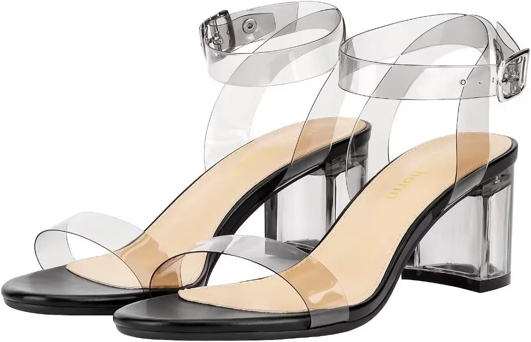 Heels Charm Women's Strappy Clear Chunky Clear Block Low Heeled Sandals 2 Inches Open Toe Ankle Strap High Heel Dress Sandals Daily Work Party Sandal Shoes
