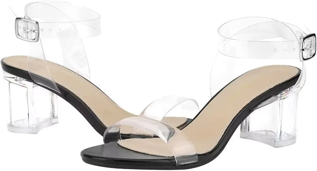 Heels Charm Women's Strappy Clear Chunky Clear Block Low Heeled Sandals 2 Inches Open Toe Ankle Strap High Heel Dress Sandals Daily Work Party Sandal Shoes