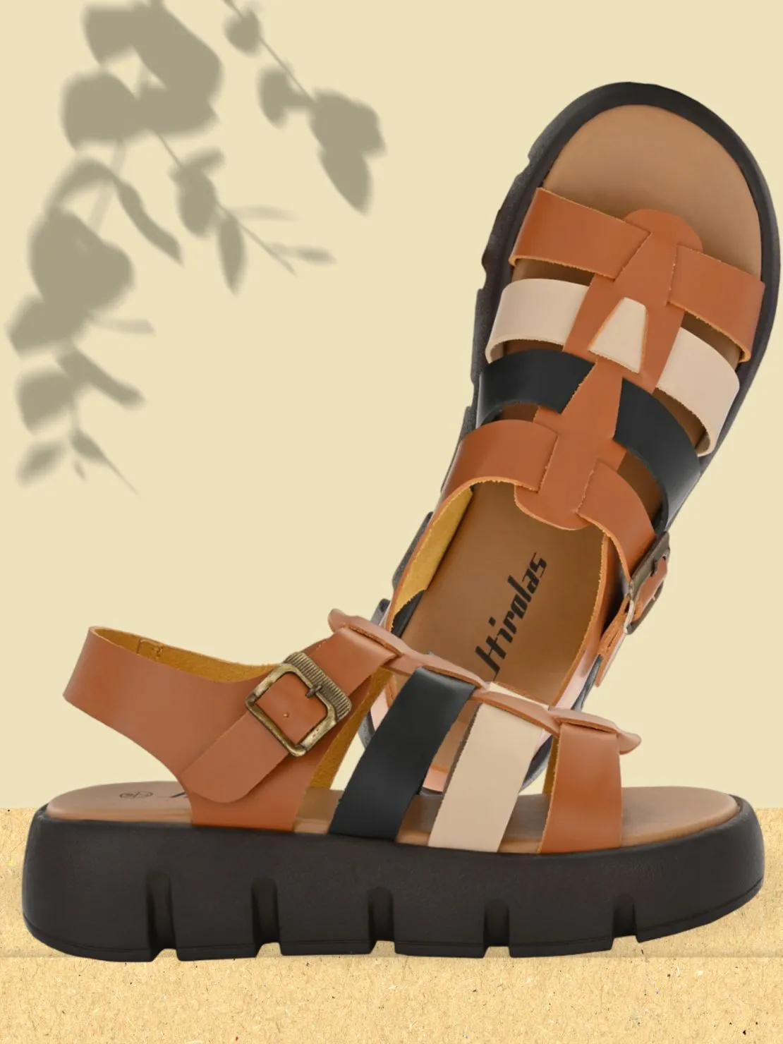 Hirolas® Women Black/Tan Chunky Platform _Sandals (HROWSL04BLT)