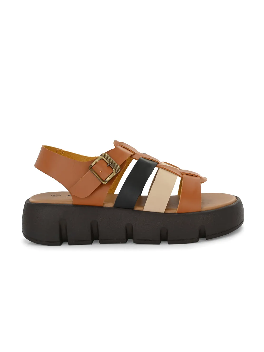 Hirolas® Women Black/Tan Chunky Platform _Sandals (HROWSL04BLT)