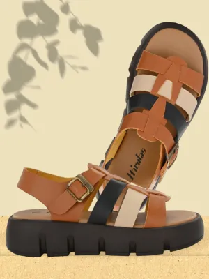Hirolas® Women Black/Tan Chunky Platform _Sandals (HROWSL04BLT)