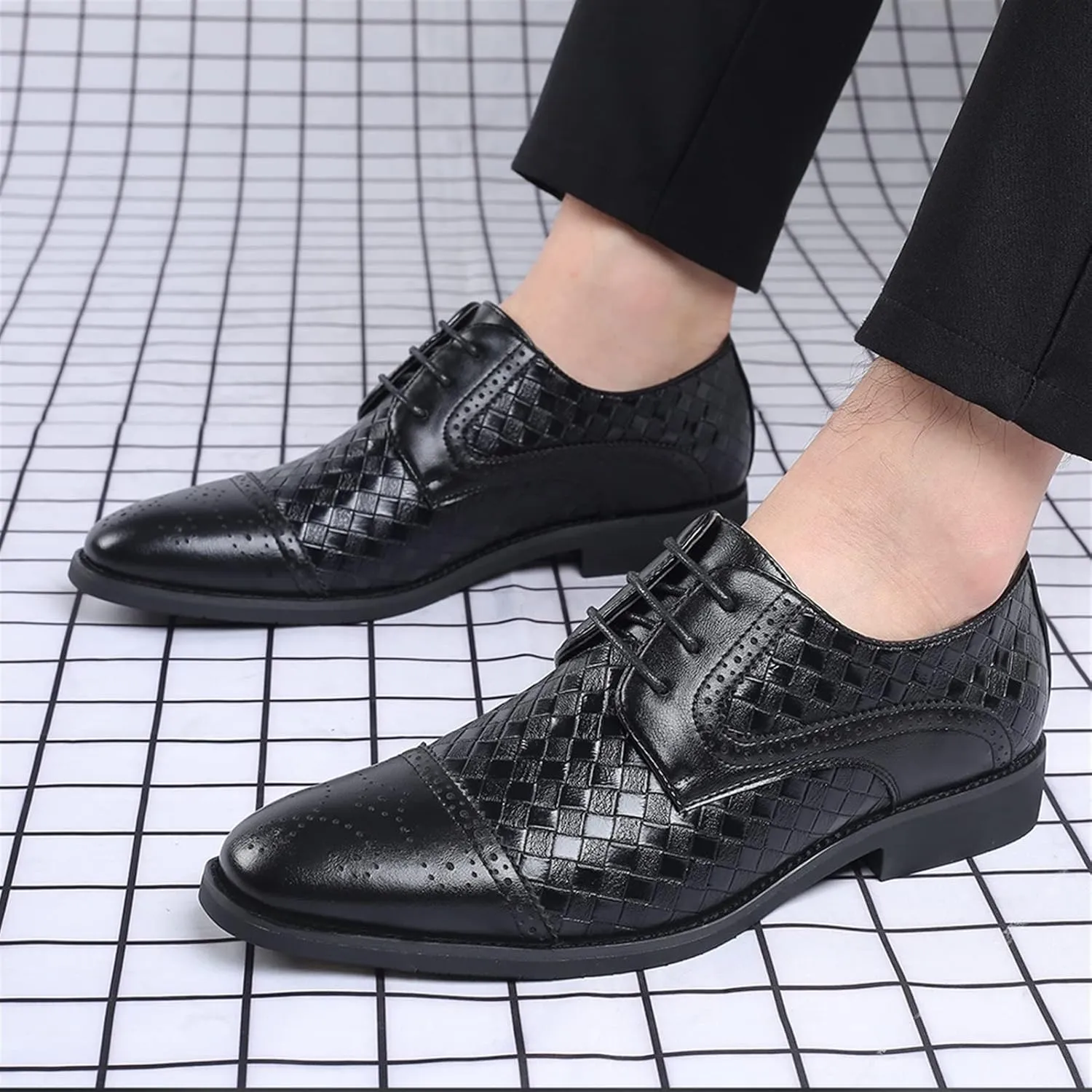 HOOENG Oxford Dress Shoes for Men Lace Up Brogue Plaid Cap Toe Derby Shoes PU Leather Rubber Sole Block Heel Resistant Non Slip Anti-Slip Prom