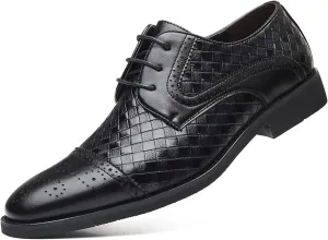 HOOENG Oxford Dress Shoes for Men Lace Up Brogue Plaid Cap Toe Derby Shoes PU Leather Rubber Sole Block Heel Resistant Non Slip Anti-Slip Prom