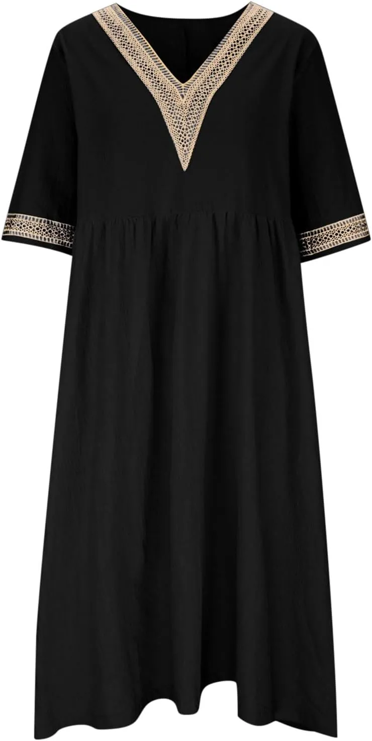 Lastesso Dresses for Women 2024 Trendy Lace V Neck Short Sleeve Summer Relaxed Size Sundresses Casual Boho Beach Maxi Dress