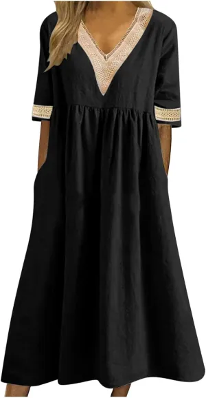 Lastesso Dresses for Women 2024 Trendy Lace V Neck Short Sleeve Summer Relaxed Size Sundresses Casual Boho Beach Maxi Dress