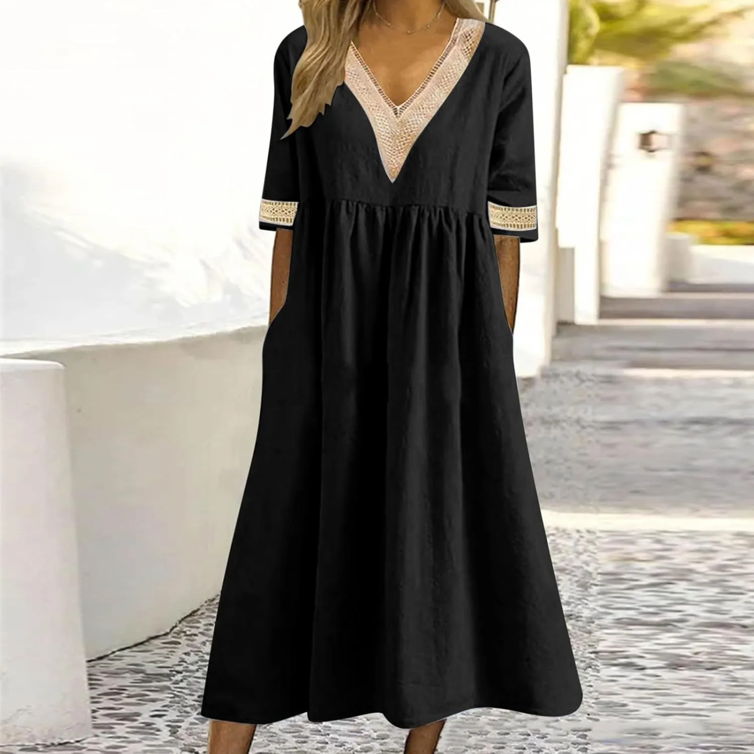 Lastesso Dresses for Women 2024 Trendy Lace V Neck Short Sleeve Summer Relaxed Size Sundresses Casual Boho Beach Maxi Dress