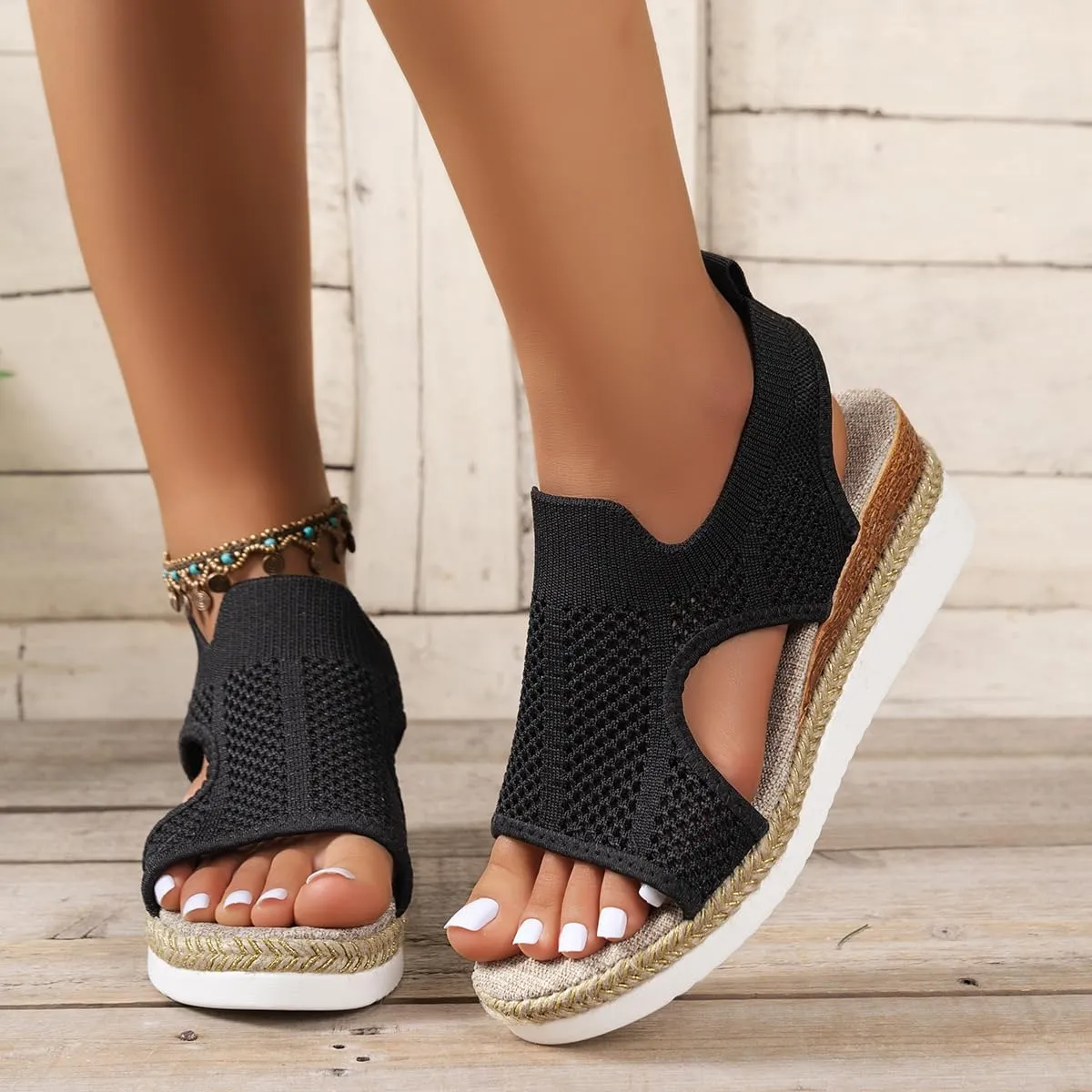 Libiyi Sandals Women Orthotic Ultra-Comfy Sport Sandals Wedge Heel Fly Weave Casual Hollow Beach Closed Toe Summer Shoe Strappy Flat with Buckle Strap Ultra Comfy Wedge and Shoes Walking