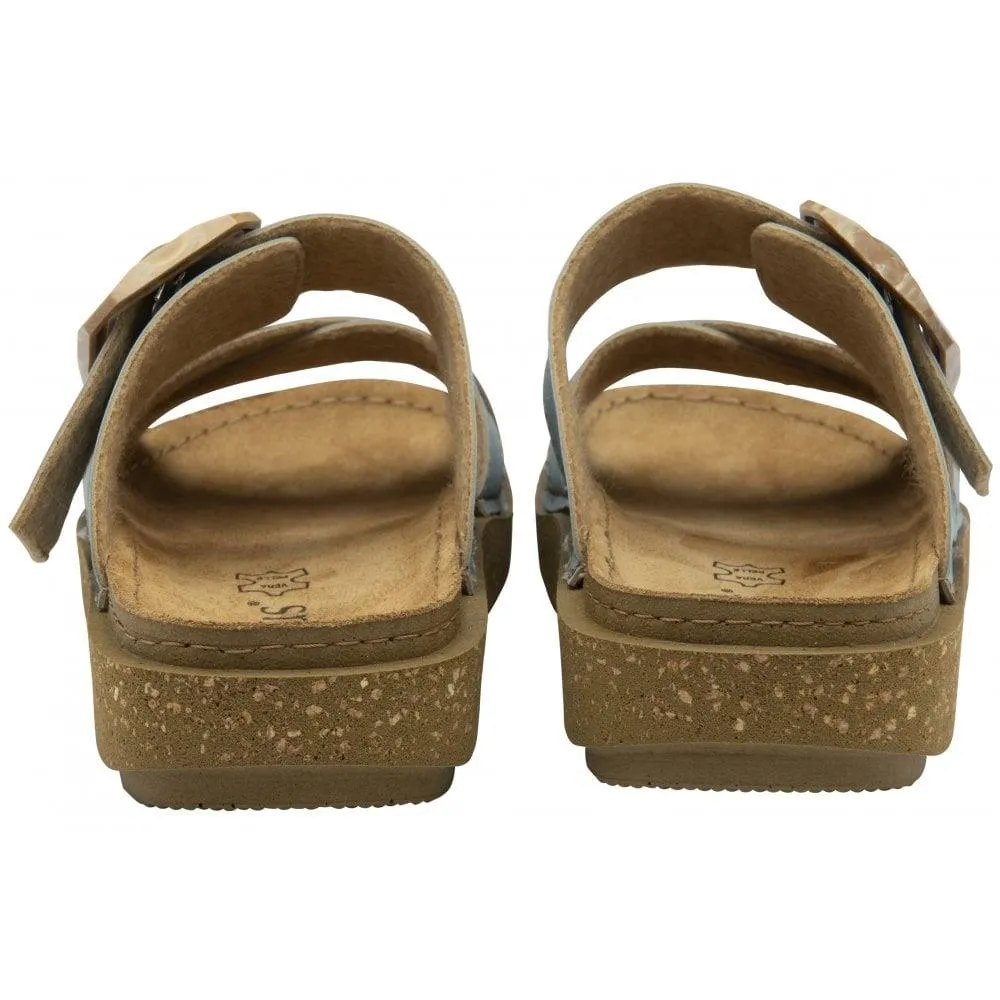 Lotus Ladies Assenza Blue Faux Leather Slip On Mule Cork Effect Strap Sandals