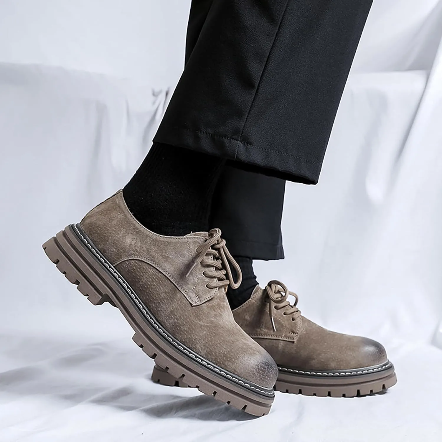 Men's Classic Leather Round Toe Platform Oxfords Lace Up Chunky Heel Lug Sole Derby Shoes Comfort Fashion Business Dress Shoes