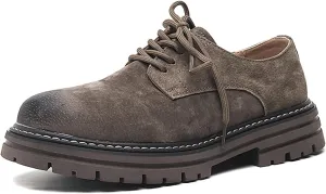 Men's Classic Leather Round Toe Platform Oxfords Lace Up Chunky Heel Lug Sole Derby Shoes Comfort Fashion Business Dress Shoes