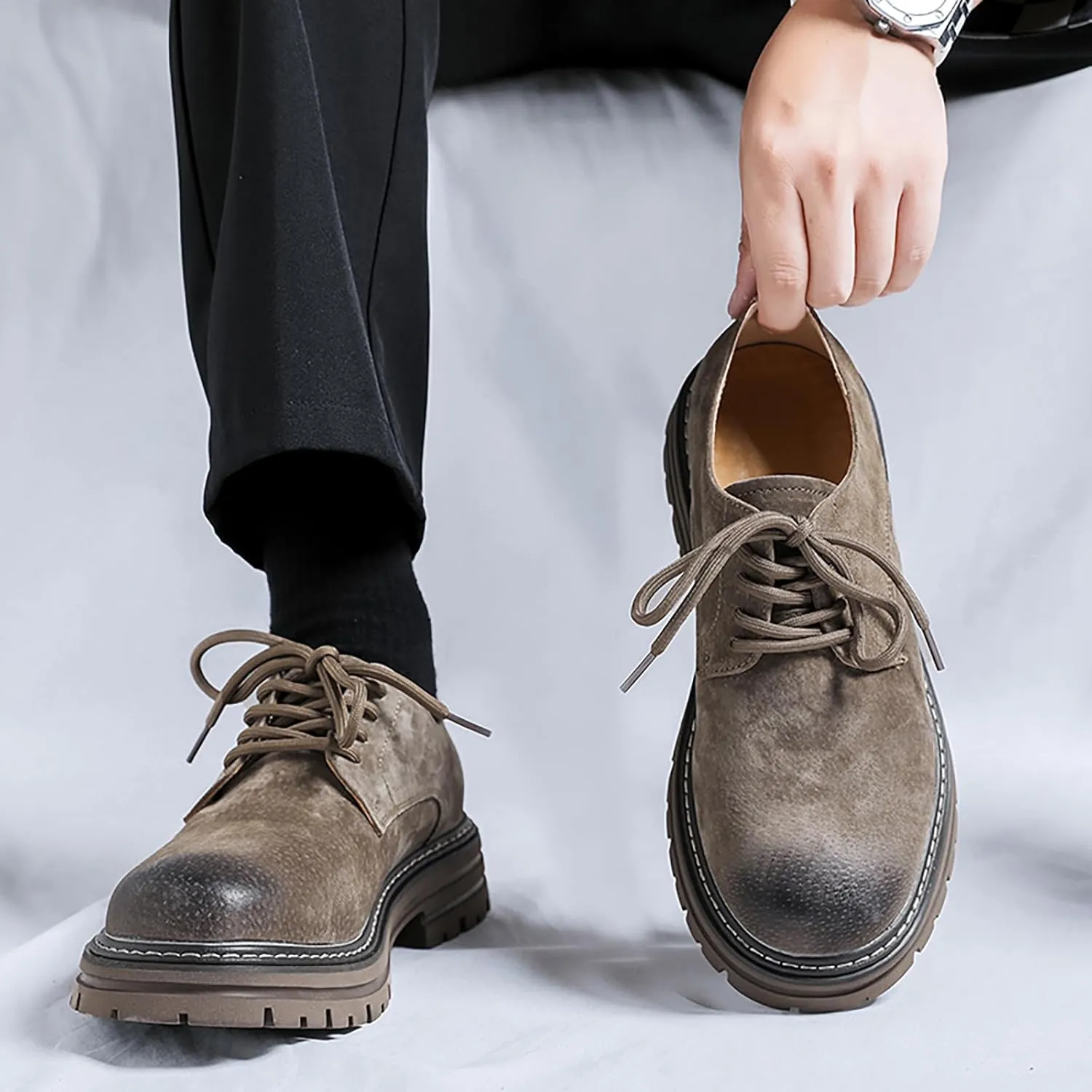 Men's Classic Leather Round Toe Platform Oxfords Lace Up Chunky Heel Lug Sole Derby Shoes Comfort Fashion Business Dress Shoes