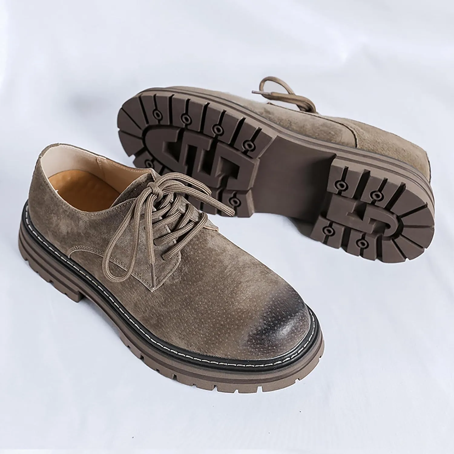 Men's Classic Leather Round Toe Platform Oxfords Lace Up Chunky Heel Lug Sole Derby Shoes Comfort Fashion Business Dress Shoes