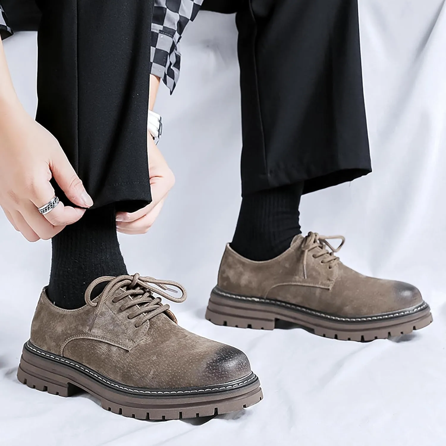 Men's Classic Leather Round Toe Platform Oxfords Lace Up Chunky Heel Lug Sole Derby Shoes Comfort Fashion Business Dress Shoes
