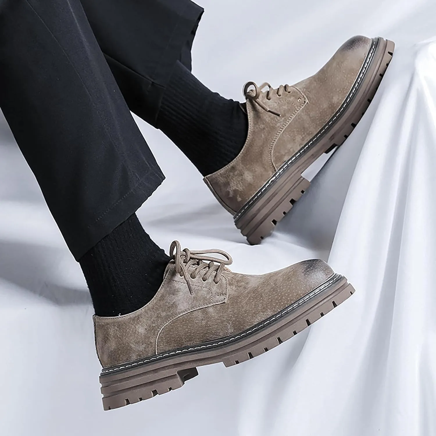 Men's Classic Leather Round Toe Platform Oxfords Lace Up Chunky Heel Lug Sole Derby Shoes Comfort Fashion Business Dress Shoes