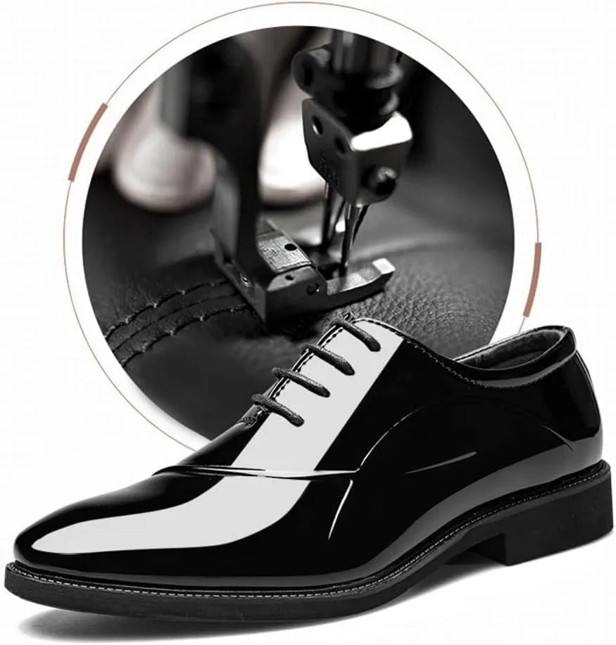 Men's Dress Shoes Classic Cap Toe Lace-up Oxfords Formal Faux Patent Leather Tuxedo Derby Shoes Black