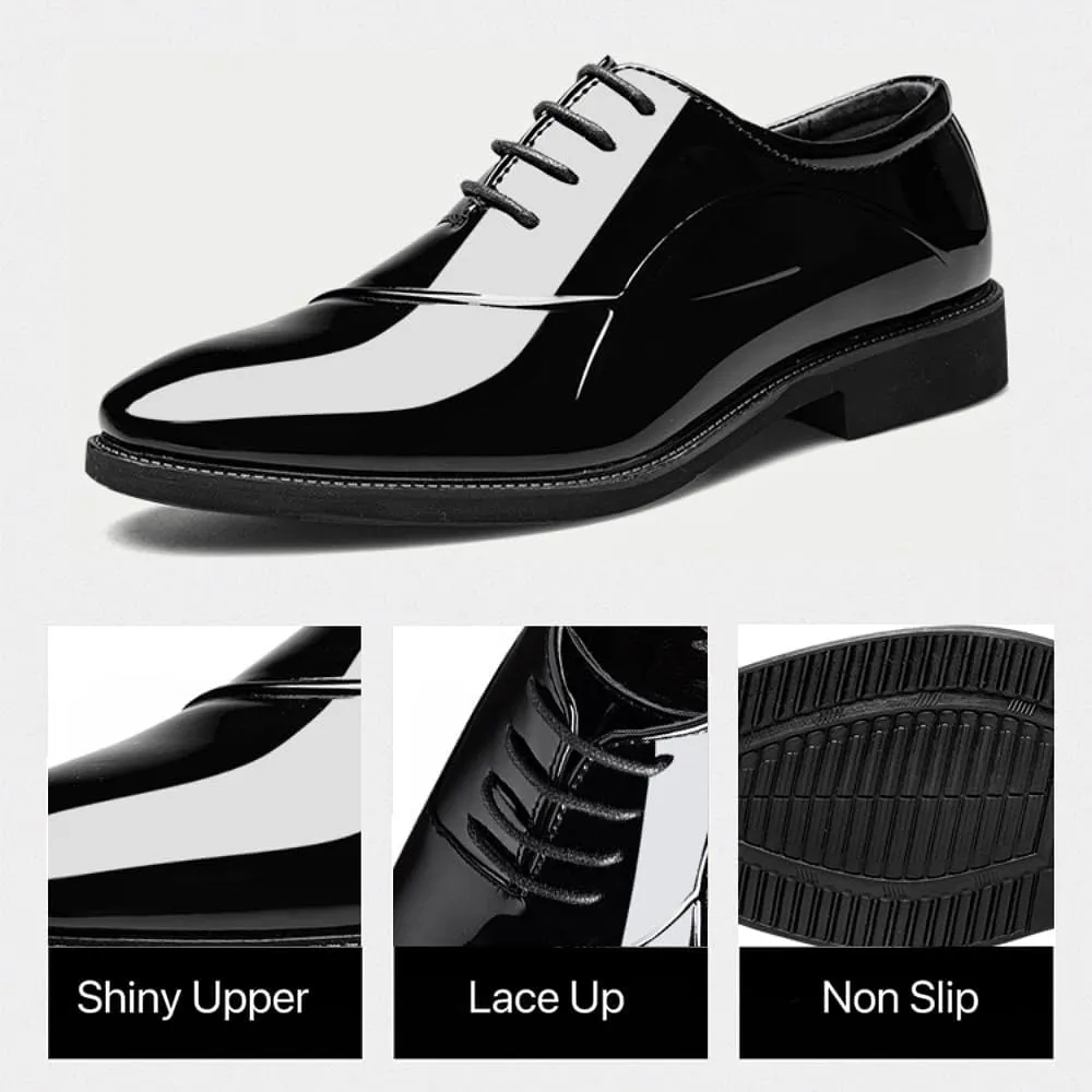 Men's Dress Shoes Classic Cap Toe Lace-up Oxfords Formal Faux Patent Leather Tuxedo Derby Shoes Black