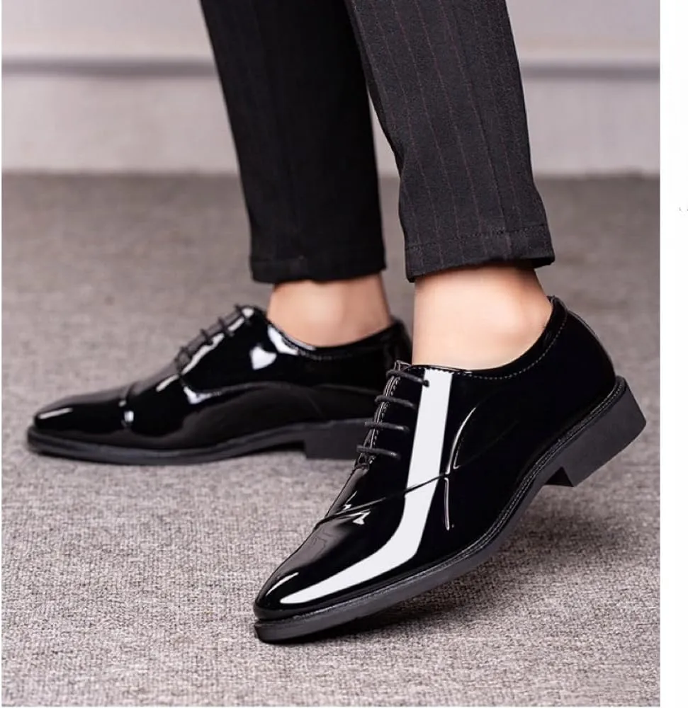 Men's Dress Shoes Classic Cap Toe Lace-up Oxfords Formal Faux Patent Leather Tuxedo Derby Shoes Black