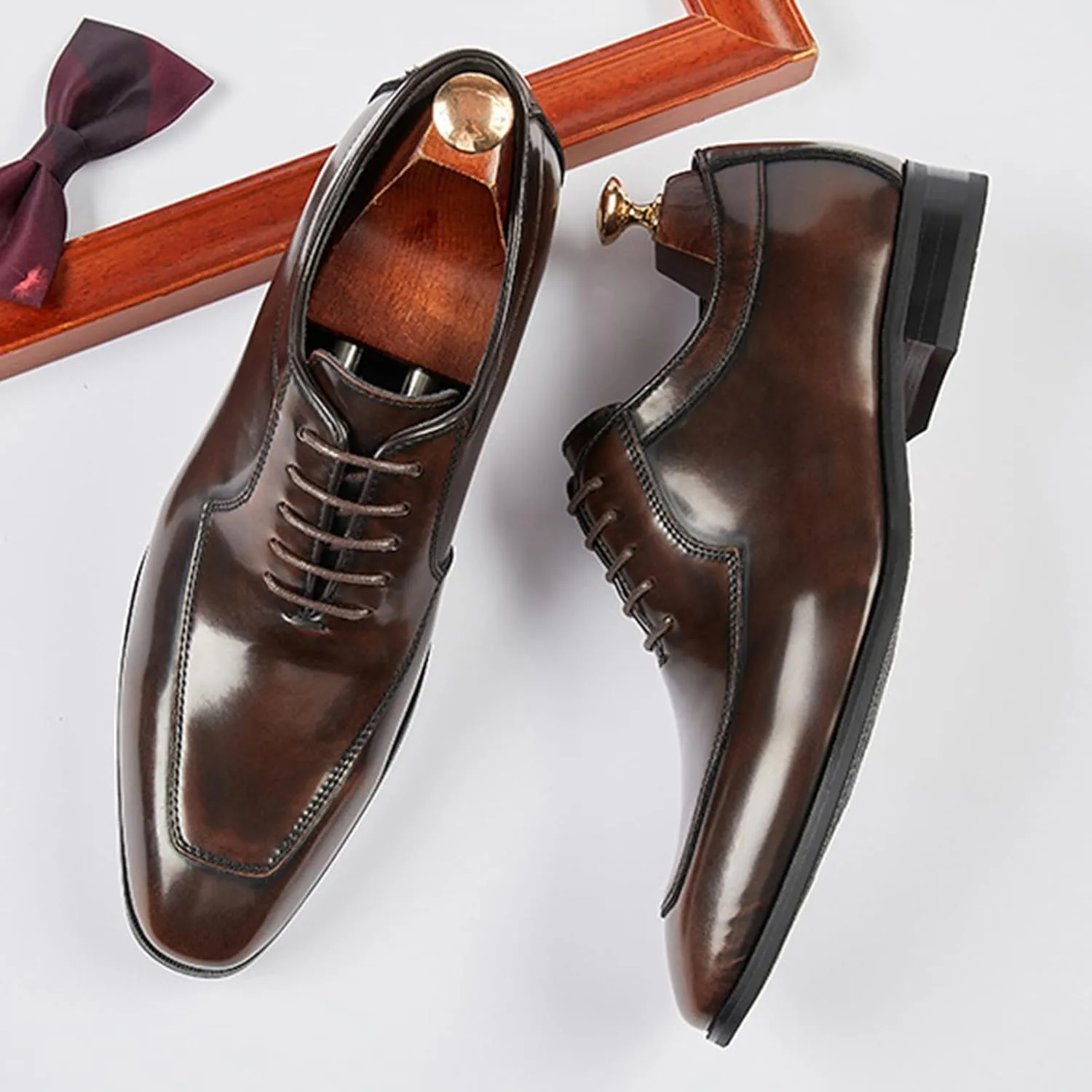 Men's Genuine Leather Lace Up Dress Oxfords Shoes Fashion Classic Hand Stitched Cap Toe Low Top Formal Shoes Casual Business Office Wedding Derby Shoes
