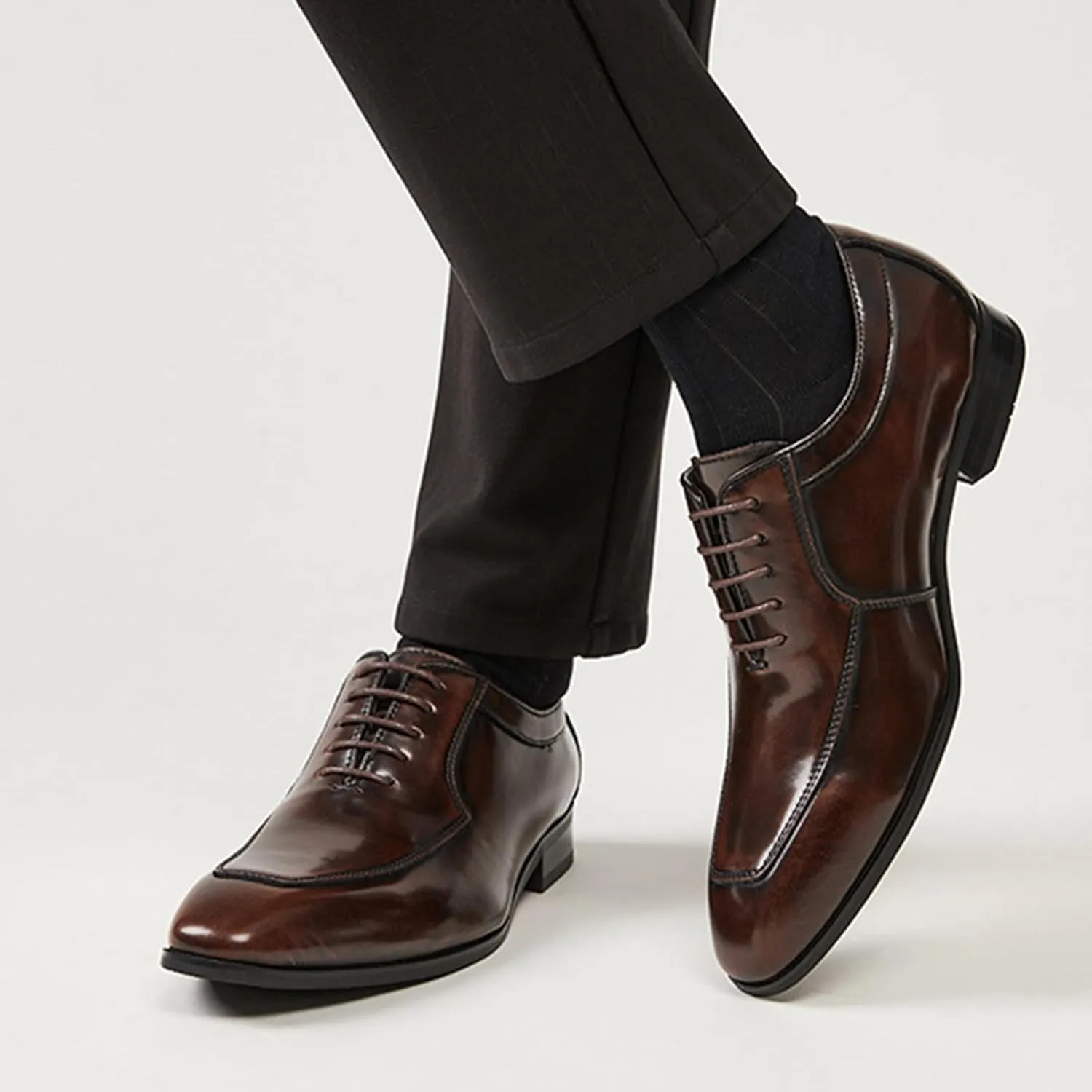 Men's Genuine Leather Lace Up Dress Oxfords Shoes Fashion Classic Hand Stitched Cap Toe Low Top Formal Shoes Casual Business Office Wedding Derby Shoes