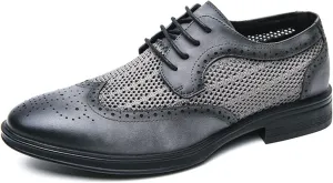 Men's Lace up Leather Mesh Splicing Wingtip Oxfords Pointed Toe Comfortable Breathable Non-Slip Business Derby Shoes for Work Evening Dating Dress Shoes