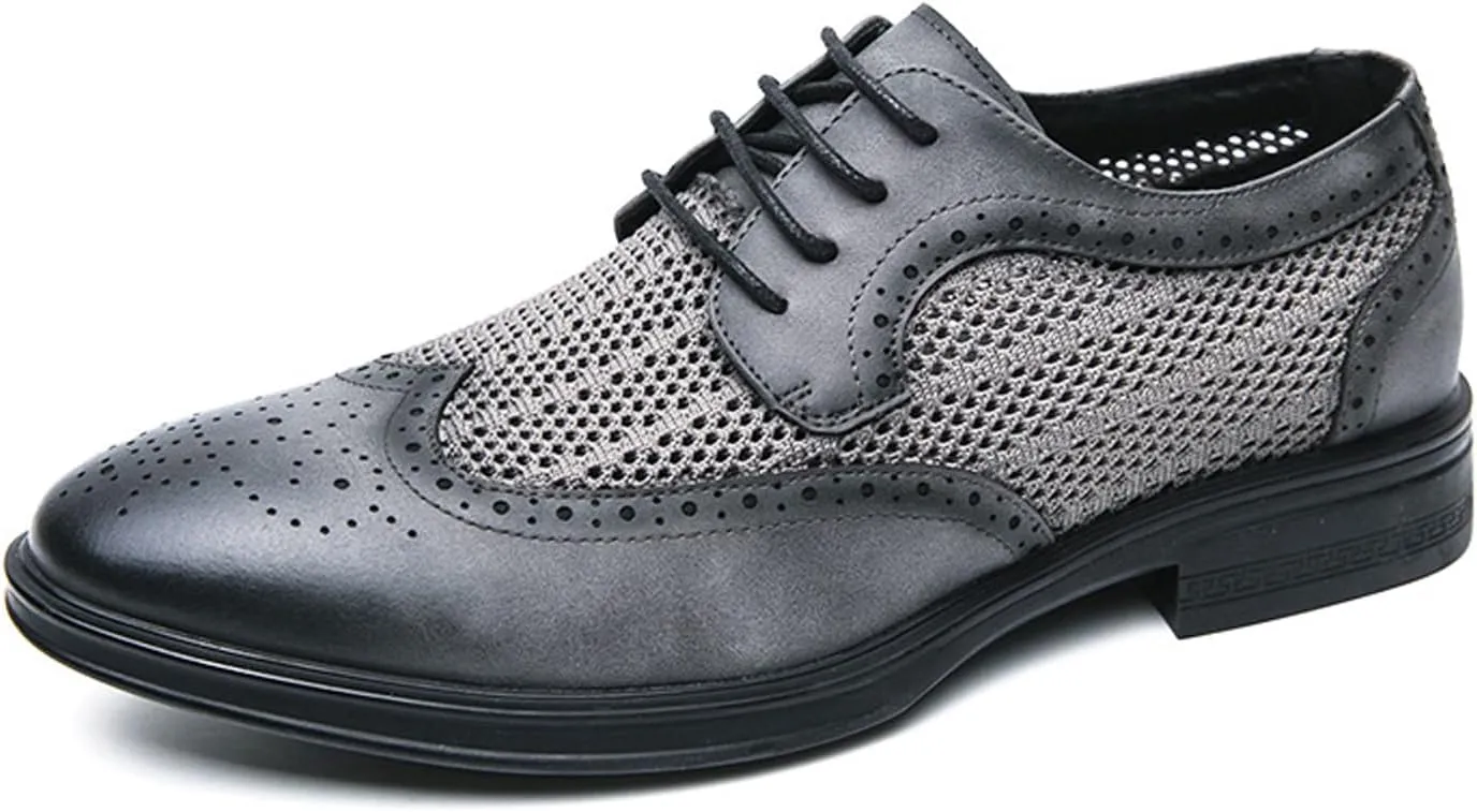 Men's Lace up Leather Mesh Splicing Wingtip Oxfords Pointed Toe Comfortable Breathable Non-Slip Business Derby Shoes for Work Evening Dating Dress Shoes