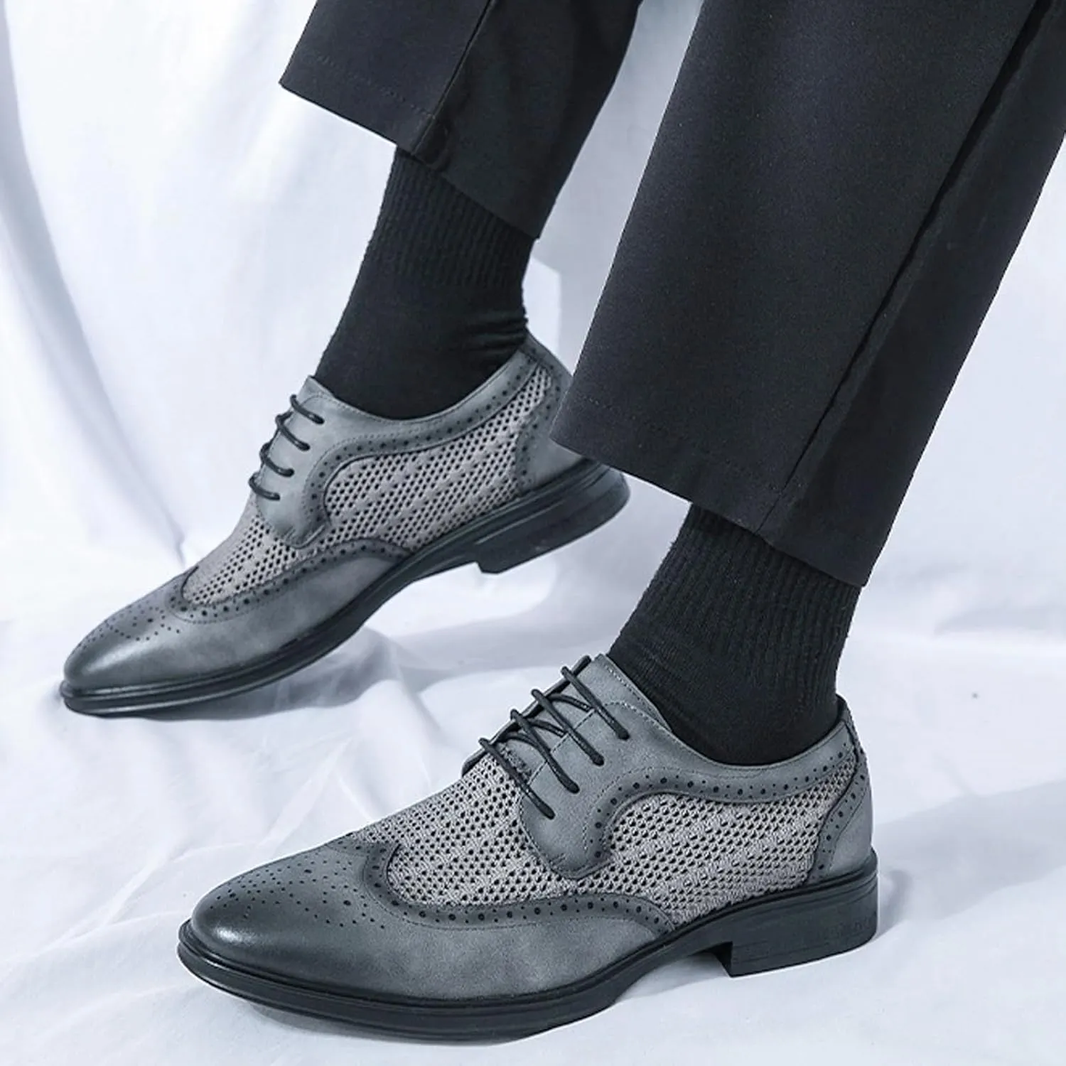 Men's Lace up Leather Mesh Splicing Wingtip Oxfords Pointed Toe Comfortable Breathable Non-Slip Business Derby Shoes for Work Evening Dating Dress Shoes