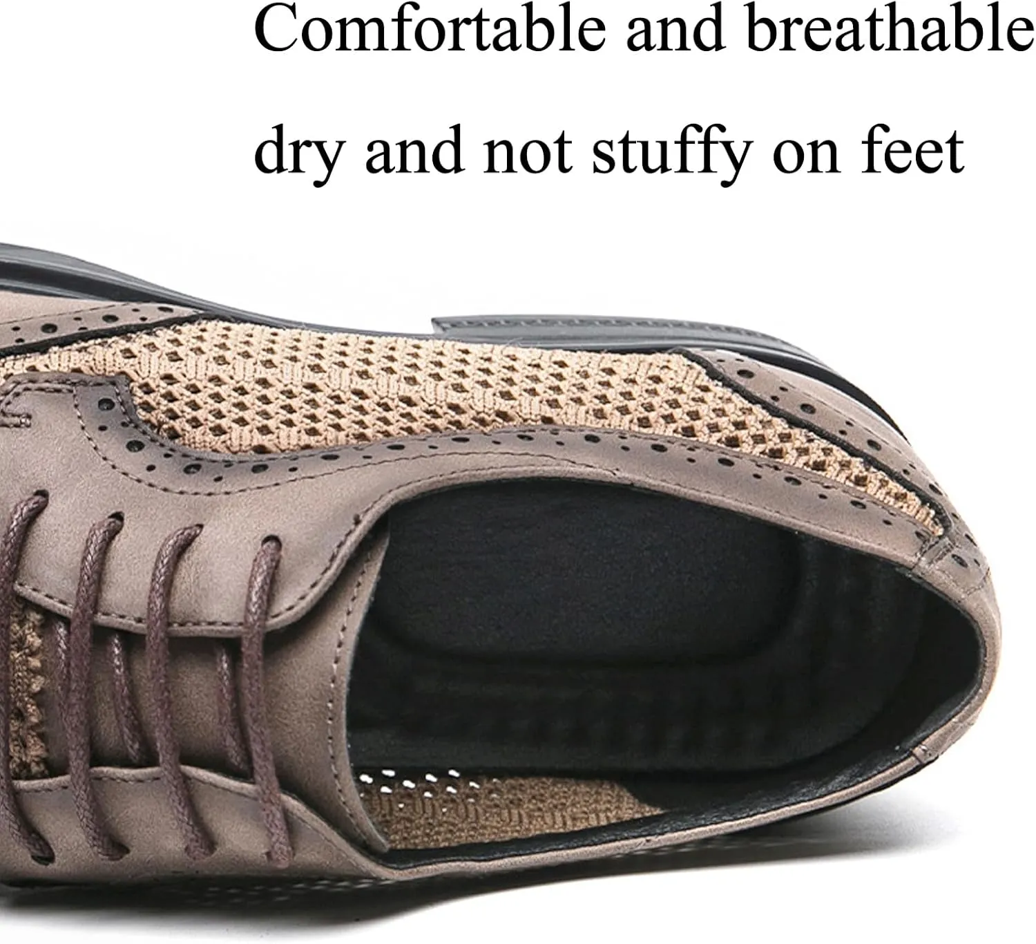 Men's Lace up Leather Mesh Splicing Wingtip Oxfords Pointed Toe Comfortable Breathable Non-Slip Business Derby Shoes for Work Evening Dating Dress Shoes