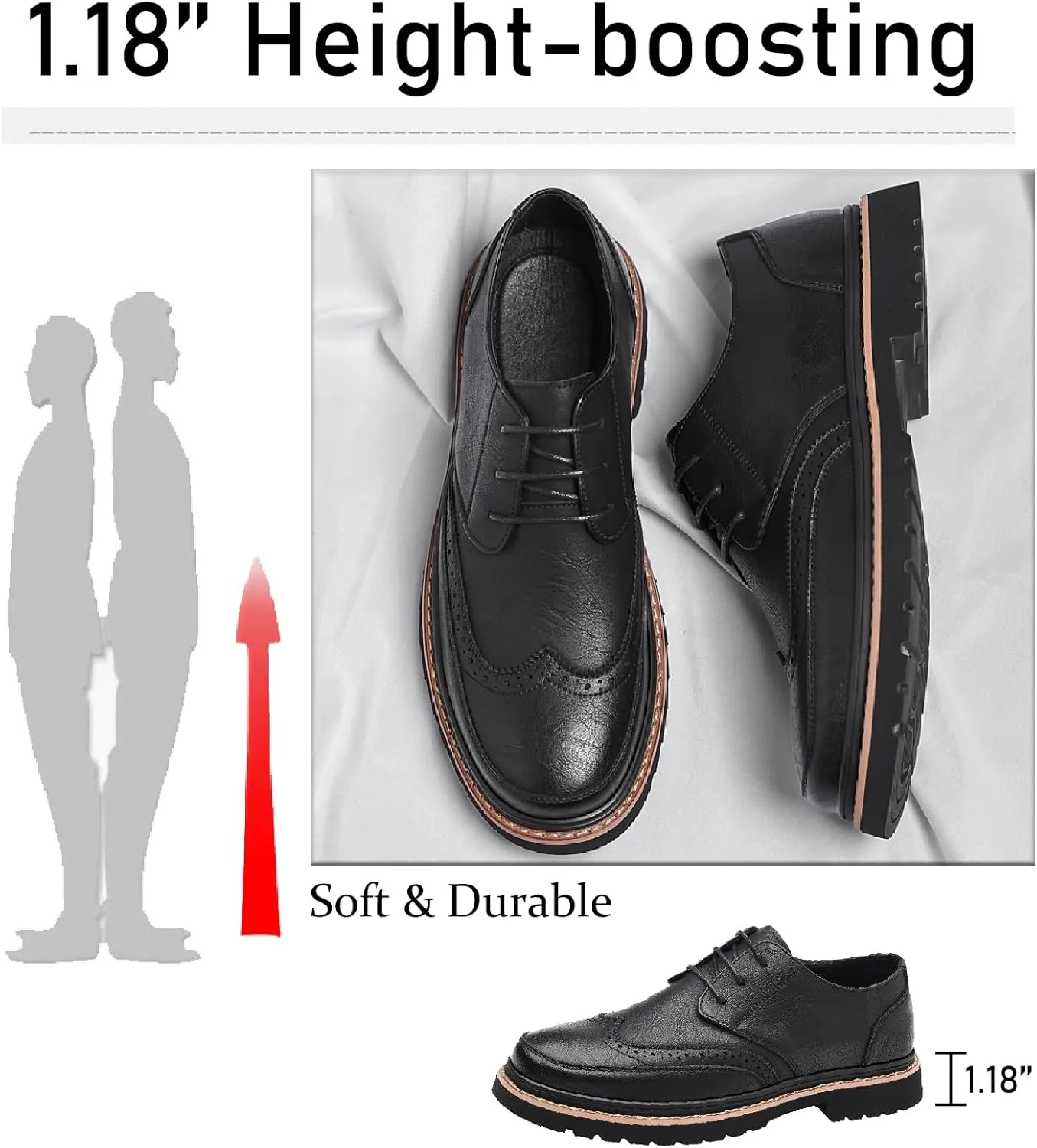 Men's Leather Brogues Wingtip Oxfords Casual Business Lace Up Anti-Slip Lug Sole Block Heel Derby Shoes for Wedding Office Formal Dress Shoes