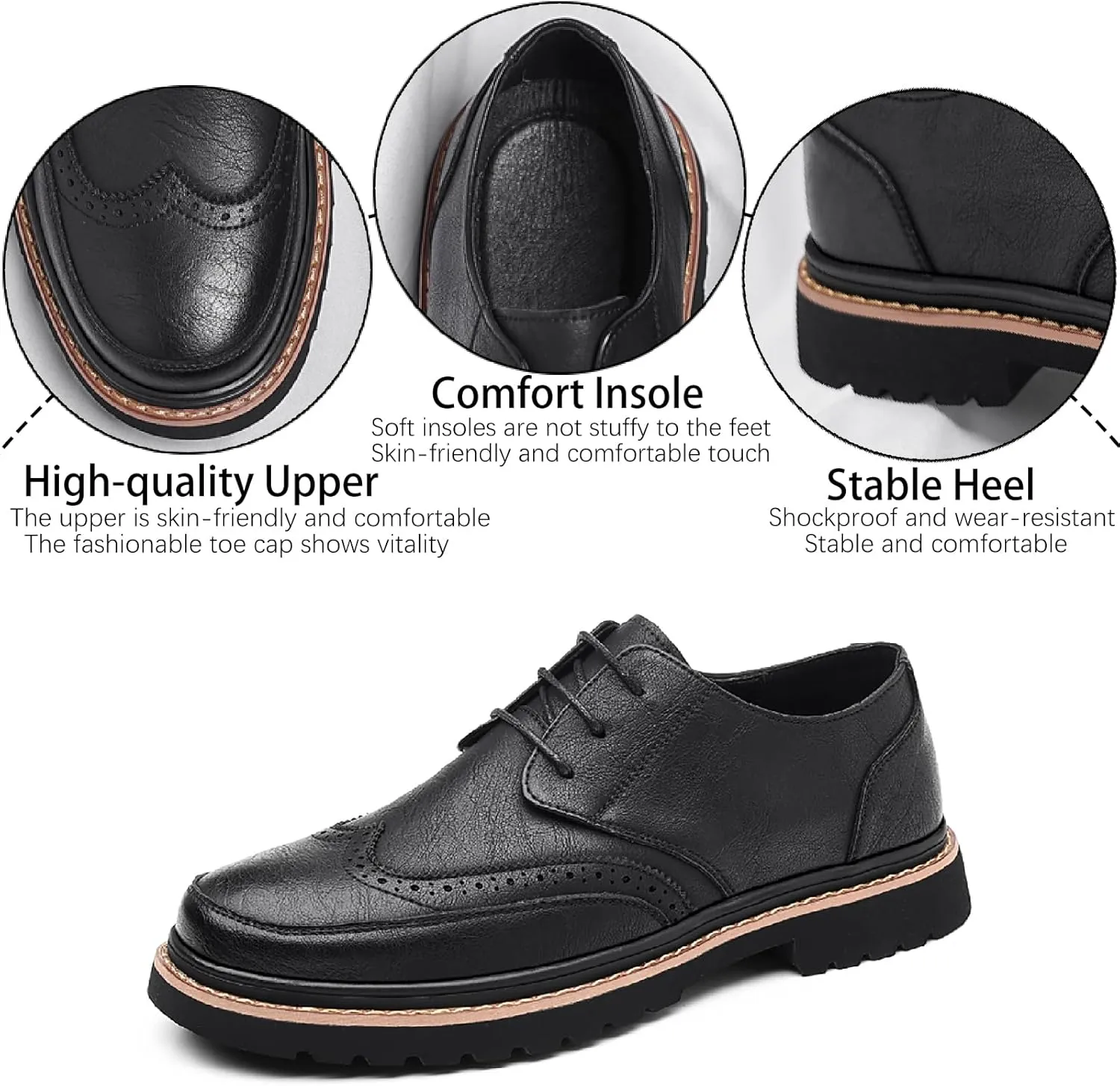 Men's Leather Brogues Wingtip Oxfords Casual Business Lace Up Anti-Slip Lug Sole Block Heel Derby Shoes for Wedding Office Formal Dress Shoes